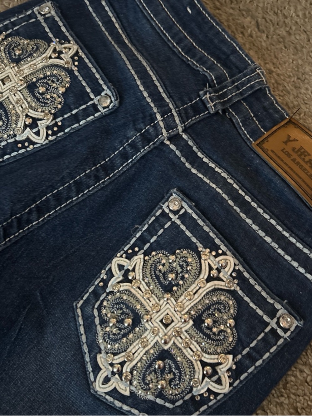 Dark Blue Embellished Boot Cut Jeans with Decorative Back Pockets